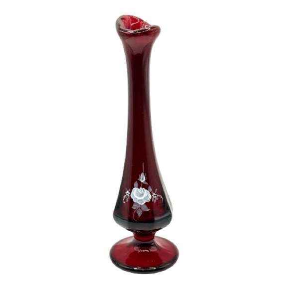 Fenton Vintage Handpainted White Roses on Ruby Red Amberina Glass Bud Vase 8” - Picture 1 of 6